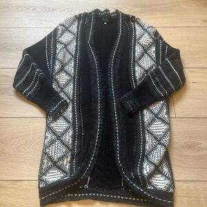 Y2K Buckle Black Women Black White Geometric Diamond Open Front Knit Cardigan S